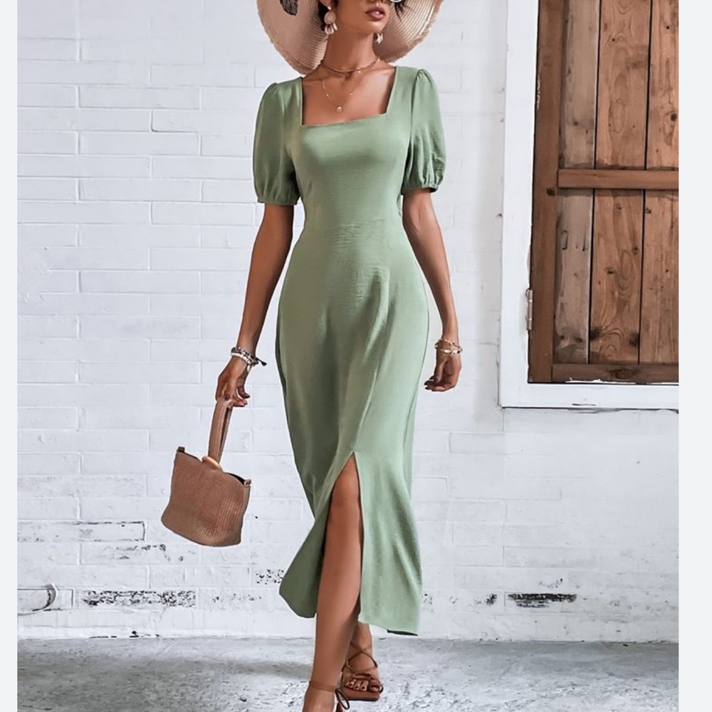 NWT💚 Gianni Bini Square Neck Sage Green Midi Dress Linen blend size XL